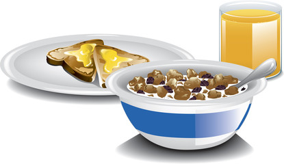Illustration of a complete breakfast with bran cereal, buttered toast and orange juice.