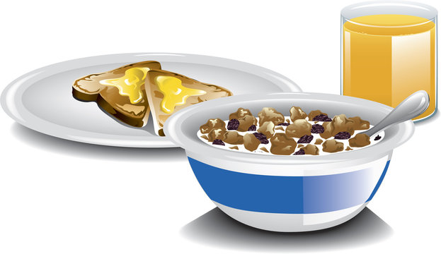 Illustration Of A Complete Breakfast With Bran Cereal, Buttered Toast And Orange Juice.