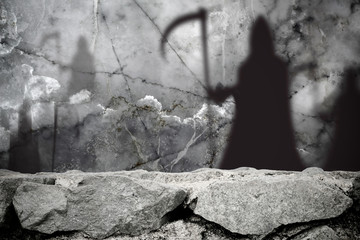 Ghost shadow blur standing in stone wall background