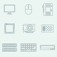 Computer components outline icons set. Vector pictogram of electroinc accessories for print and web design.