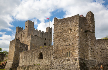 Fototapeta na wymiar ROCHESTER, UK - MAY 16, 2015: Rochester Castle 12th-century. Inside view of castle's ruined palace walls and fortifications