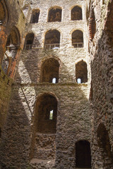 ROCHESTER, UK - MAY 16, 2015: Rochester Castle 12th-century. Inside view of castle's ruined palace walls and fortifications