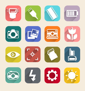 Photography icons with long shadow, camera flat icons vector