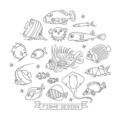 Fish line icons with outline style vector design elements