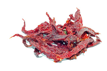 Red dry chilli peppers on white background