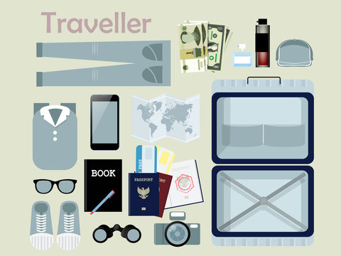 flat design of outfit of traveler, necessary thing of traveler,traveler concept