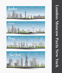 London, Moscow, Paris, New York. Set of four city skyline banner