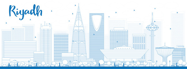 Outline Riyadh skyline with blue buildings.