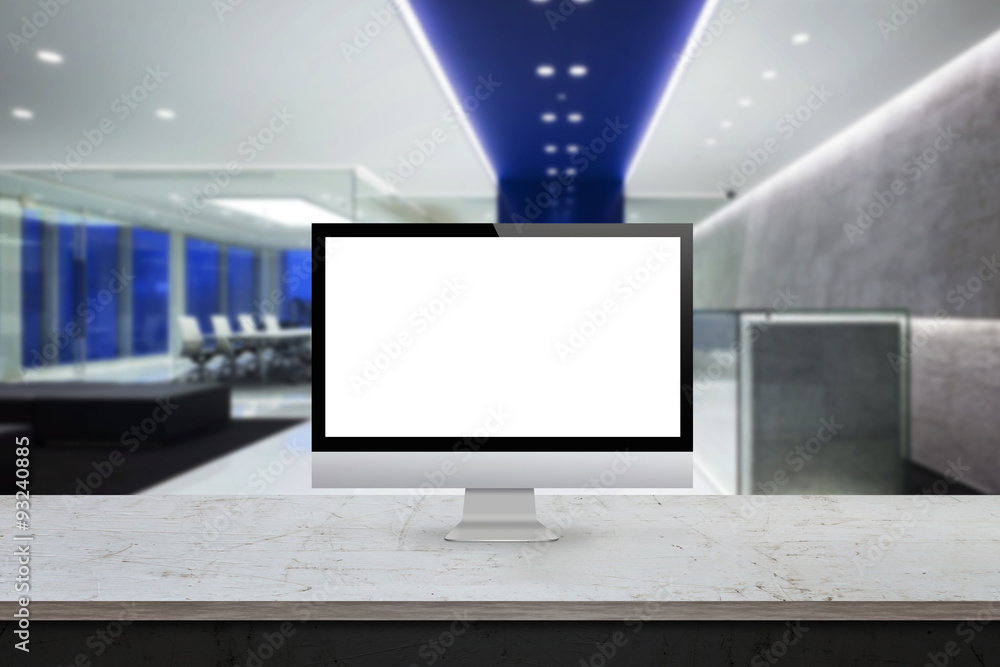 Poster computer monitor on the desk office interior in the background display mock up