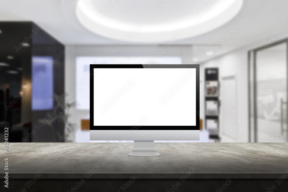 Poster computer monitor on the desk office interior in the background display mock up
