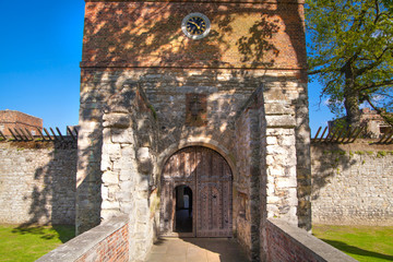 Fototapeta na wymiar ROCHESTER, UK - MAY 16, 2015: Upnor Castle is an Elizabethan artillery fort located on the west bank of the River Medway in Kent. Main entrance