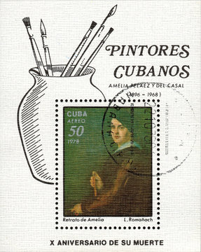 CUBA - CIRCA 1978: A stamp printed in Cuba to 10 years since the death of Cuban artist Amelia Pelaes del Casal, work L.Romanach "Portrait of Amelia", circa 1978