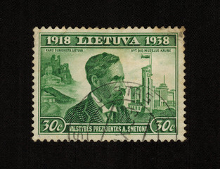 Fototapeta premium LITHUANIA- CIRCA 1938: stamp printed by Lithuania shows the President of the Republic of Lithuania Antanas Smetona, circa 1938