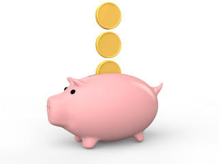 3d pink piggy bank with coins