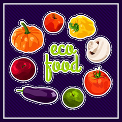 The stylish poster with a set of vector vegetables. Eco food. Autumn harvest. Healthy foods. Fresh and healthy food. Diet. Tomato, yellow pepper, mushroom, pumpkin. Sticker. Print.
