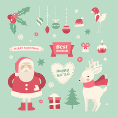 Set of Christmas and New Year Cute Hand Drawn Vector Decorative Design Elements with Cartoon Characters