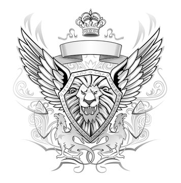 Black and Gray Emblem of mystery roaring winged lion on shield