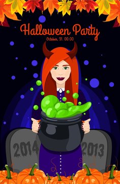Happy Halloween. Poster, postcard for Halloween. The holiday, Beautiful witch, witches cauldron, potion. Bright vector illustration for celebration. Banner or background for Halloween Party Night.
