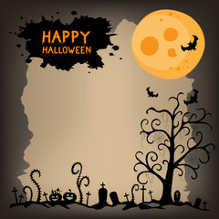 Halloween night scary background with pumpkins, bats, full moon. Vector illustration.