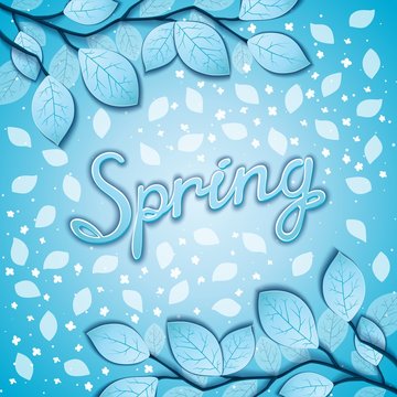 Freshening spring awakening postcard with branches and leaves on still winter coolness. Vector eps 10