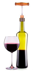 Elegant red wine glass and bottle isolated