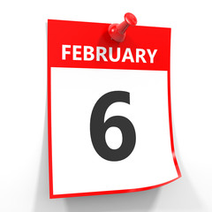 6 february calendar sheet with red pin.