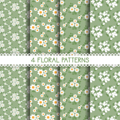 Set of seamless flower patterns. Cute floral textures, white and green. Vector illustration.