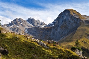 Fototapeta na wymiar Schweizer Berge - Bannalp mit Bergpanorama: Ruchstock, Engelberger Rotstock, Schlittchuechen, Uri Rotstock, Glitschen