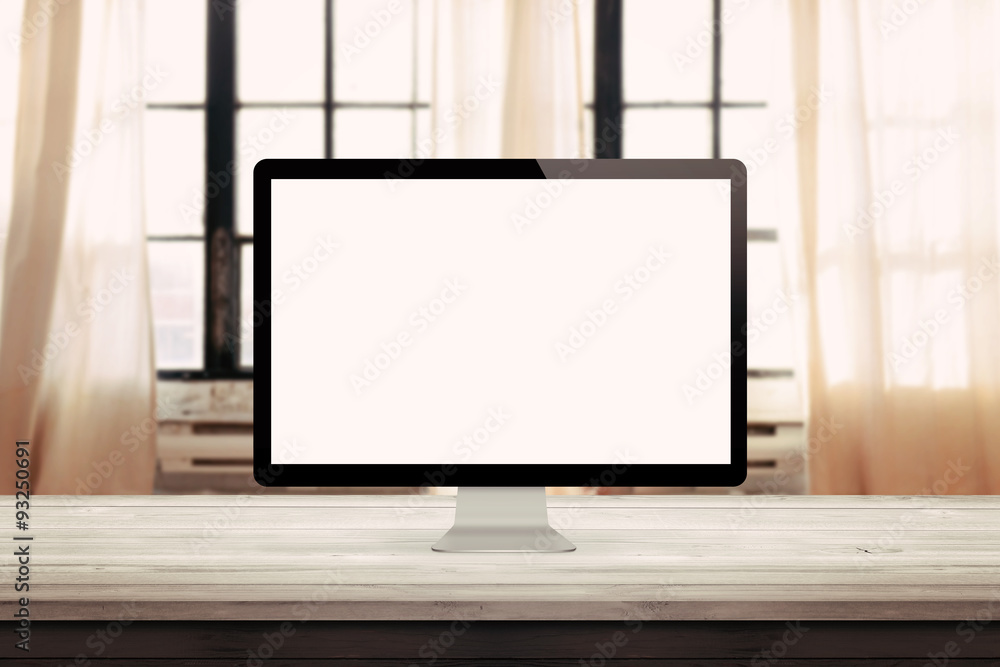 Poster computer display on desk et home office interior with windows in the background mock up presentation