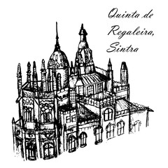 manor house Quinta de Regaleira in Sintra in Portugal ink sketch hand-drawn vector illustration
