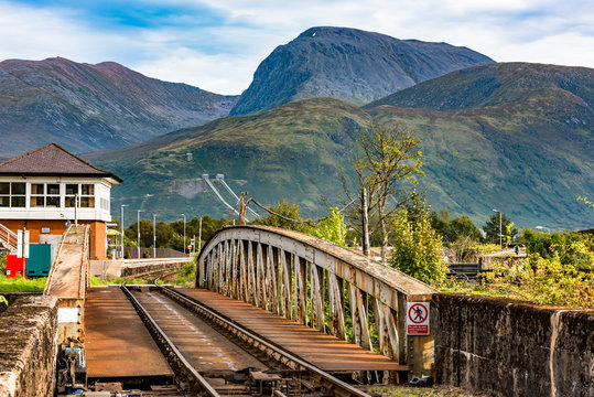 Railway, Signal Box and Swing Bridge at Banavie with Ben Nevis in background