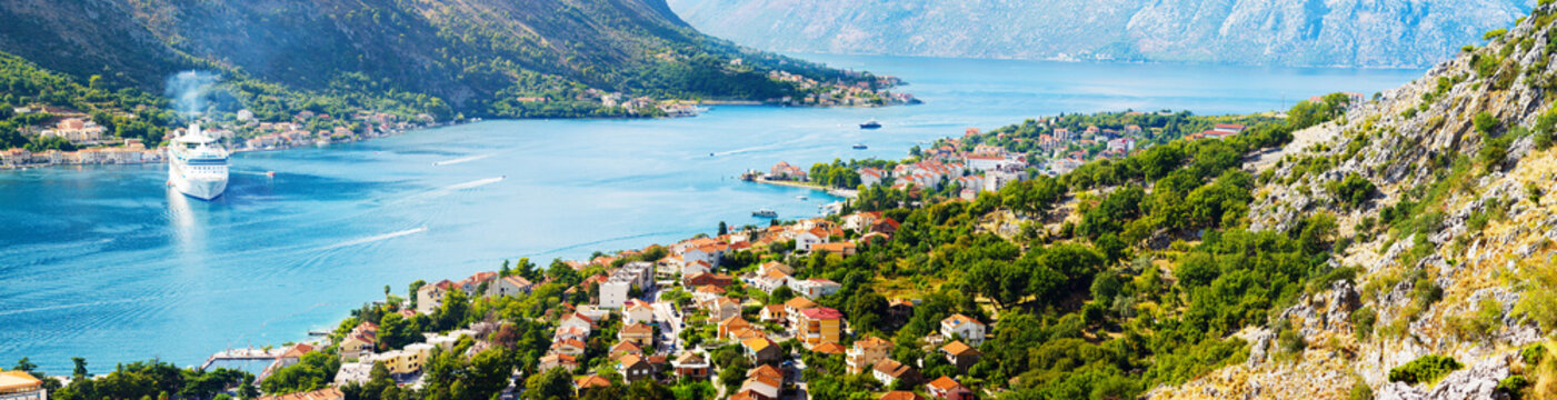 Aerial view of Bay of Kotor, Montenegro. Giant cruise liner in Boka Kotorska