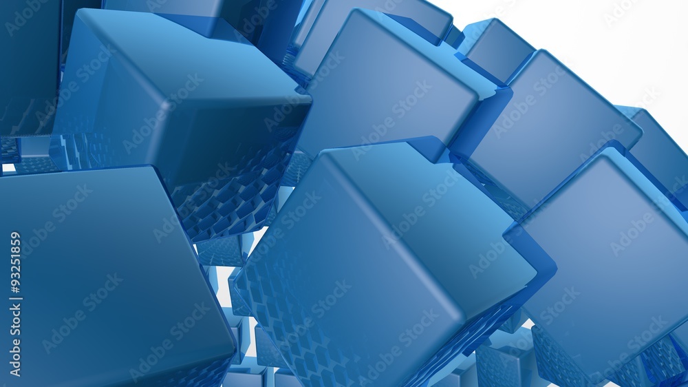 Poster 3d abstract advanced technology background. fragmented sphere formed by glossy cubes with room for y