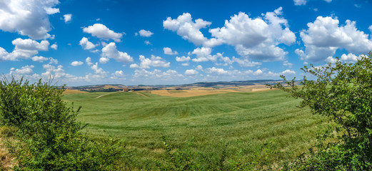 Fototapeta na wymiar Scenic Tuscany landscape panorama with rolling hills in Val d'Orcia, Italy