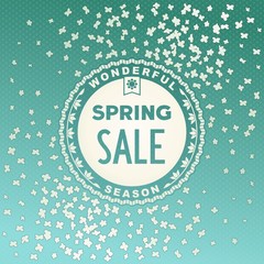 Spring SALE label design on beautiful flowers background. Vector eps10