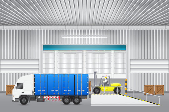 Vector of freight transport and distribution industry consist of operator, driver or worker to loading crate box to storage cargo container on truck by forklift for logistic, shipping and delivery.