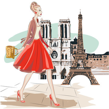 Fashion woman in red skirt walks around Paris near Eiffel Tower