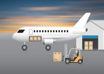 Vector of worker to loading cargo box into storage of airplane by forklift. Concept of import export, international business, logistic, shipping and delivery. Freight transport distribution industry.