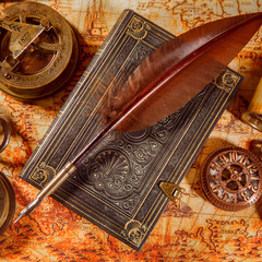 Vintage magnifying glass lies on an ancient world map