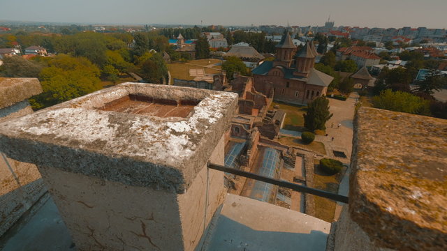 A panoramic shot from Chindia Tower over the medieval town of Targoviste in Romania, home of the famous Vlad Tepes (Vlad, the Impaler) which served as inspiration to the Dracula novel
