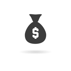 Dark grey icon of bag of money with dollar sign on white backgro