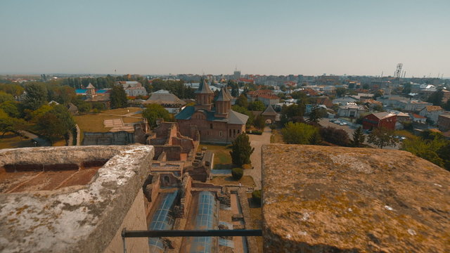 A tilting shot from Chindia Tower over the medieval town of Targoviste in Romania, home of the famous Vlad Tepes (Vlad, the Impaler) which served as inspiration to Bram Stoker's 1897 novel Dracula

