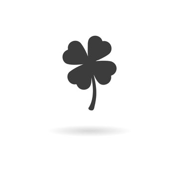 Dark grey icon of four leaf (clover) on white background with sh