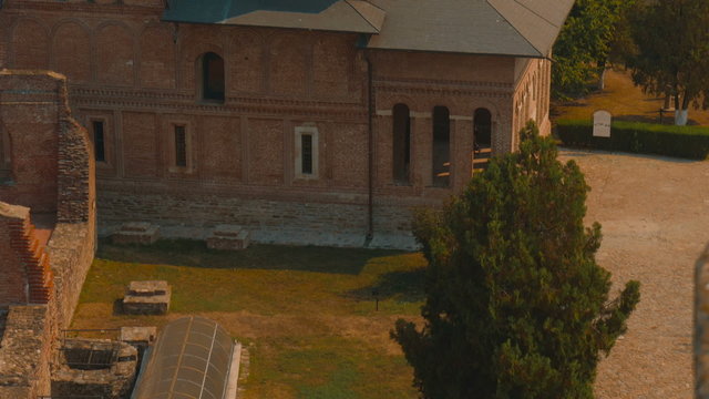 A tilting ultra close-up shot from Chindia Tower over the medieval town of Targoviste in Romania, home of the famous Vlad Tepes (Vlad, the Impaler) which served as inspiration to the Dracula novel
