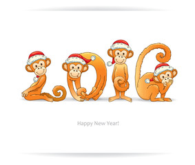 New Year card with monkey in Santa hat