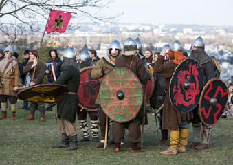 Fototapeta premium KRAKOW, POLAND - APR 7, 2015: Unidentified participants of Rekawka - Polish tradition, celebrated in Krakow on Tuesday after Easter. Currently has the character of festival historical reconstruction