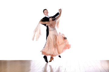 dancers in ballroom against white background
