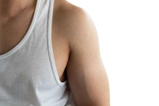 body part of young man big muscle arm wear white vest