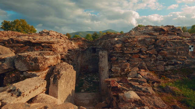 An establishing shot of the Roman ruins of Sarmizegetusa in Deva, Romania
