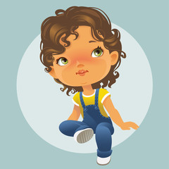 Vector portrait of cute little girl sitting looking up. Schoolgirl with brown curly hair wearing blue jeans jumpsuit. Isolated on white background